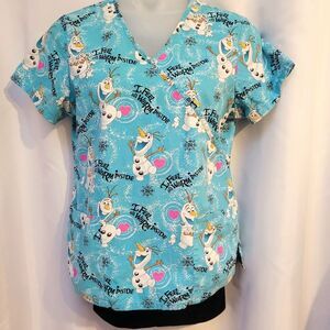 Disney Frozen Olaf Scrub Top I Feel All Warm Inside Hearts Snowflakes Medium